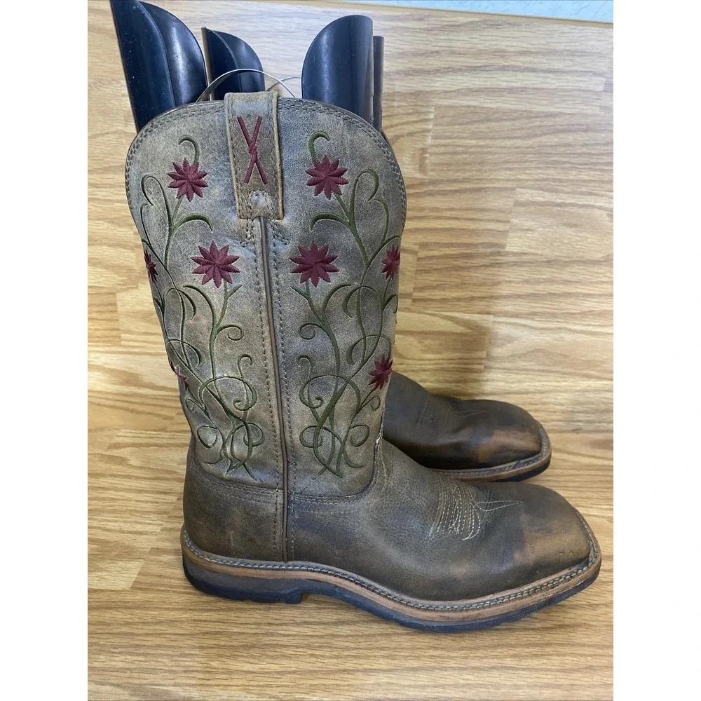 Twisted X Women's 9 B Leather Floral Steel Toe Square Toe Cowgirl Work Boots